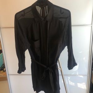 BCBG - sheer silk black button down with waist tie
